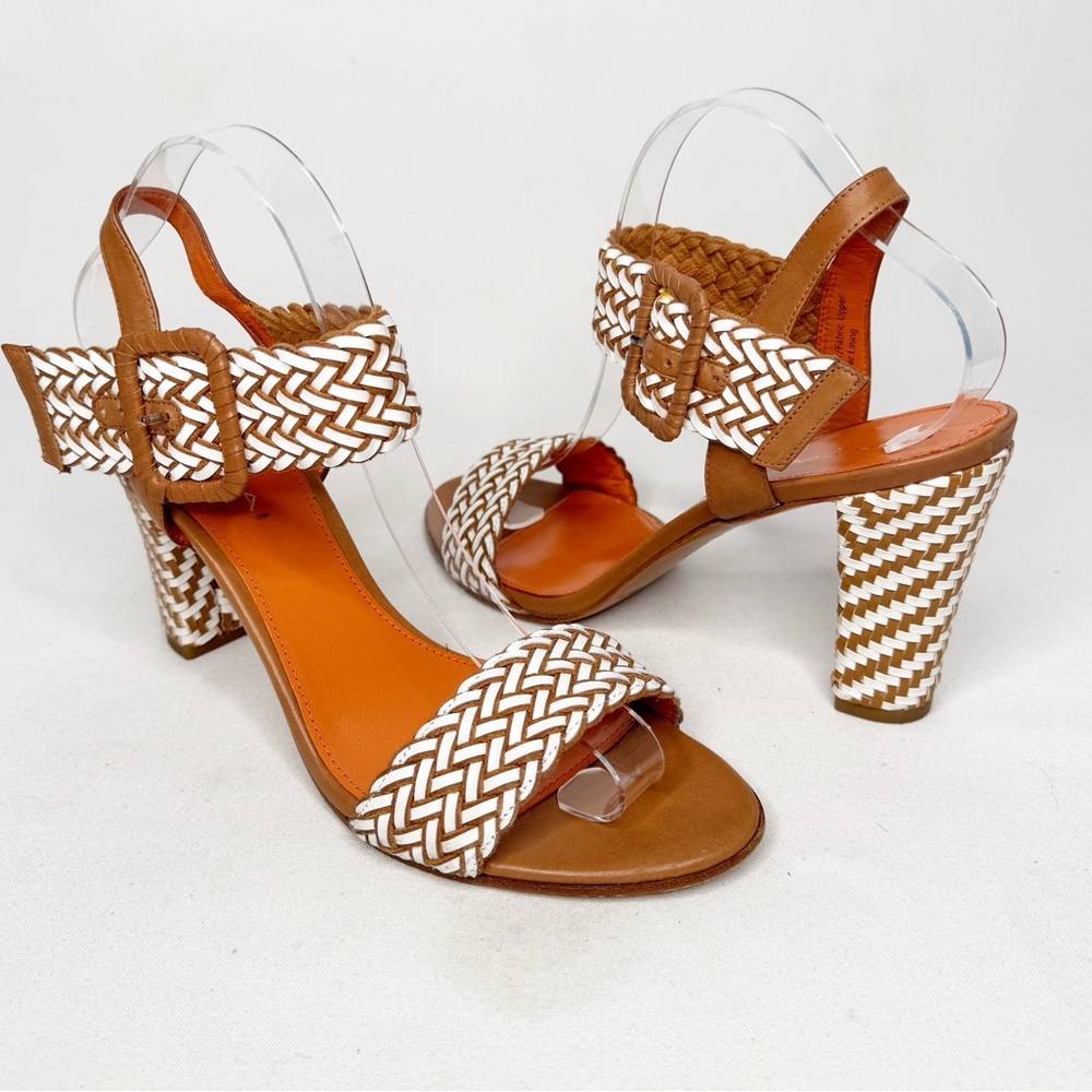 VIA SPIGA TAN WHITE BASKET WEAVE SANDALS HEELS SZ 10M